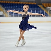 cheap Figure Skating Dresses-Figure Skating Dress Girls' Ice Skating Dress Violet Navy Black Patchwork Asymmetric Hem Stretchy Training Competition Skating Wear Classic Crystal / Rhinestone Sleeveless Ice Skating Figure Skating
