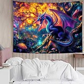 cheap Wall Tapestries-Fantasy Mythical Purple Dragon Magic Enchanted Forest Glowing Mushroom Psychedelic Art Large Wall Tapestry Hanging for Living Room Bedroom Dorm Home Decor Mural Backdrop