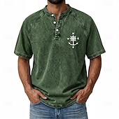 abordables Винтаж и ретро-SoftFade™ Men's Demin Shirt 100% Cotton Acid Wash Shirt Henley Top Short Sleeve Vintage Distressed Casual Home Street Summer Spring Black Pink Light Green Gray Light Blue Stand Collar Henley