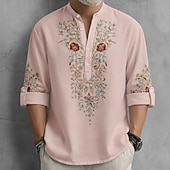 ieftine Model etnic-Bărbați Imprimeu floral Έθνικ Flori Cămașă Camașă cu nasturi Cămașă Henley Manșon Lung Vintage Retro Casual Vacanță Nuntă Vară Primăvară Guler mandarin Guler în picioare Imprimare 3D Cămașă de in