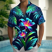 cheap Tropical Plants-Men's Tropical Flowers Palm Leaf Neon Glow Summer Hawaiian Shirt Button Up Shirt Aloha Shirt Short Sleeve Hawaiian Vacation Summer Spring Turndown 3D Print Collared Shirts Front One Pocket Black
