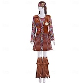 preiswerte Outfits-Set Retro Vintage 1970er Kleid Kopfschmuck Zubehör langarm Hippie Disco Fransen Blumen Kostüm Damen Halloween Karneval Musikfestival Retro-Mottoparty Erwachsene Kleid Kopfschmuck Weitere Accessoires