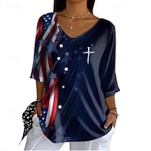 billiga Självständighetsdagen Topp-American Independence Day Women's Shirt Blouse Patchwork Buttons Vintage Stylish Classic Half Sleeve V Neck Regular Tops Daily Holiday Going out Navy Blue Summer Spring
