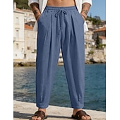 baratos Feriado-Homens Calças de linho Calça verão Calças de praia Com Cordão Bolsos Tecido Confortável Respirável Comprimento total Diário Casa Ao ar livre Férias Simples Preto Branco Sem Elasticidade