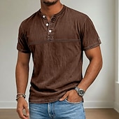 cheap Casual Henley Tee-Men's Henley Shirt 100% Cotton Acid Wash Shirt Short Sleeve Henley Summer Spring Fall Plain Retro Vintage Casual Vintage Style Washed Casual Light Blue Dark Brown Black Top Tee for Men