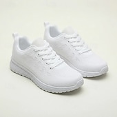 billige Sneakers til kvinner-hvite strikkede tursko til dame – lette, pustende og komfortable snøresko for daglig bruk