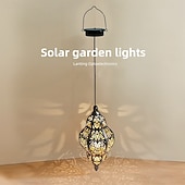 abordables Éclairages pour allées-Lanterne suspendue d'extérieur à projection solaire baroque en métal creux, étanche, avec éclairage LED pour jardin, cour, allée, pelouse, terrasse, fête, vacances, ambiance chaleureuse, violet