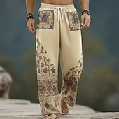 Χαμηλού Κόστους Ανδρικό εμπριμέ casual παντελόνι-Ανδρικά Φλοράλ Etnic Λουλούδια Παντελόνια Φαρδύ παντελόνι Casual παντελόνι Μεσαία Μέση Μποέμ Vintage ρετρό Σπίτι ΕΞΩΤΕΡΙΚΟΥ ΧΩΡΟΥ Διακοπές Ελαστική μέση με κορδόνι Παντελόνι σε σχήμα λινού με τσέπες