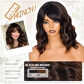 billiga Syntetiska peruker utan hätta-Black Mixed Brown Wig with Bangs Short Wavy Bob Wigs for Women Synthetic Shoulder Length Hair Natural Looking Curly Wig Heat Resistant Hair Replacement Bob Wigs (14 Inch)