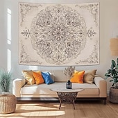 baratos Tapeçarias de Parede-tapeçaria de parede com mandala floral em tons pastel de rosa aquarela, estilo boho romântico, com guirlanda de flores pêssego, ideal para decoração de quarto ou dormitório feminino.