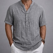 abordables Clásico-Hombre Camisa Camisa de lino Camisa de manga corta Camisa de verano Ropa de playa Henley Shirt Plano Casual Vacaciones Blanco Caqui Gris Manga Corta Henley Verano Primavera Ropa