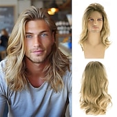 ieftine Peruci Bărbați-peruci lungi blonde pentru bărbați, perucă sintetică ondulată stratificată, pentru cosplay, petrecere