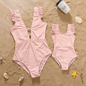 cheap Daily Family Matching-Mommy and Me Swimsuit Jumpsuit Solid Color Casual Ruched Black Pink Sleeveless Active Matching Outfits