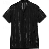 preiswerte Herrenhemd zum Knöpfen-Herren Hemd Sommerhemd Knopfhemd Jacquard-Hemd Strickjacke Schwarz Weiß Kurzarm Texture Mode Revers Lässig Heim Loch Bekleidung Modern Moderne zeitgenössische Lässig