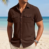 cheap Men's Work Shirts-Men's Shirt Casual Shirt Corduroy Shirt Button Up Shirt Black White Yellow Navy Blue Brown Short Sleeve Solid Color Plain Textured Shirt Collar Casual Daily Front Pocket Clothing Apparel Elegant