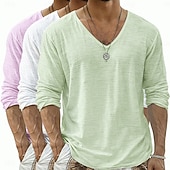 economico T-shirt in Cotone e Lino-Per uomo Maglietta Maglietta in lino Manica Lunga Scollo a V Primavera &amp; Estate Estate Primavera Tinta unica Semplice Quotidiano Casual Stile da Strada 3 pezzi Puro Confezione multipla Casuale