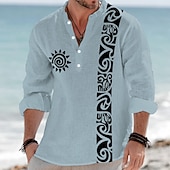 baratos Padrão étnico-Homens polinésio Étnico Totem do Sol Camisa Social camisa de botão Camisa Henley Manga Longa Vintage retrô Tribal Casual Férias Verão Primavera Colarinho Mandarim Colarinho Clerical Impressão 3D