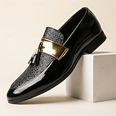 olcso Loafer-Férfi fekete és arany csillámos mokaszinok, bebújós, divatos elegáns cipők, luxus megjelenésű lábbelik stílusos férfiaknak, esküvőkre, bankettekre, partikra, bálokra és esti rendezvényekre