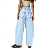 abordables Fondos-Mujer Pantalones de lino y algodón Pantalones Pantalones casuales Pantalones de verano Vacaciones Moda Ropa de calle Longitud total Alta cintura Retazos Bolsillo Cintura elástica Comodidad Cómodo