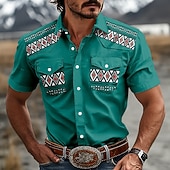 abordables camisas occidentales de los hombres-Hombre Diseño Geométrico Étnico camisa occidental Camisas de trabajo Camisa vaquera Manga Corta occidental retro de la vendimia Casual Exterior Para trabajo Verano Primavera Cuello Vuelto Impresión