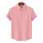 baratos Clássico-Homens Camisa Social Camisa de linho camisa de verão Roupa de Praia camisa de botão Tecido Casual Diário Azul Preto Branco Rosa Manga Curta Colarinho Primavera Verão Verão Roupa Bolsos