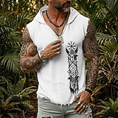 abordables T-shirts tropicaux de vacances-Chaleco sin mangas con capucha para hombre, estampado de vegvisir valknut, runas nórdicas, cuervo, guerrero vikingo, estilo boho, algodón y lino, bajo deshilachado, corte holgado, ideal para verano,