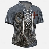  Knights Templar Crusader Armor Red Cross Raven Men's Medieval Renaissance Vintage Gothic Henley Shirt All Over Print Lace Up Short Sleeve Renaissance Faire Cosplay Costume Streetwear Designer Clothing
