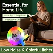お買い得  携帯扇風機-カラフルなRGB LEDライト付きQ字型卓上ファン、3段階速度調節可能な静音パーソナルテーブルファン、オフィス、寝室、寮のナイトスタンドに最適なポータブルUSB充電式小型ファン、クリエイティブな冷却ファンナイトライトギフト