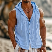 رخيصةأون أجازة-رجالي قميص قميص كتان قميص صيفي ملابس الشاطئ زر حتى القميص قميص مقنع لون الصلبة عطلة شارع أزرق أسود أبيض أخضر بدون كم مع قبعة الصيف الربيع ملابس