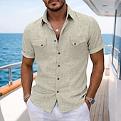 abordables Clásico-Hombre Camisa Camisa de lino Camisa de verano Ropa de playa Color sólido Casual Vacaciones Azul Piscina Azul Marino Caqui Gris Manga Corta Cuello Camisero Verano Primavera Ropa Bolsillo
