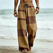 abordables Pantalons décontractés imprimés pour hommes-Homme Géométrique Tribal Ethnique Pantalons Pantalon décontracté Pantalons Amples Taille Moyenne Boho Vintage Rétro Maison Extérieur Vacances Taille élastique avec cordon de serrage Pantalon en lin