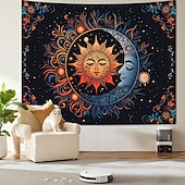 voordelige Wandtapijten-Boho mandala wandtapijt met halve maan, sterrenhemel en bloemen, wanddecoratie in verbrand oranje, hippie-psychedelische stijl, grote stoffen poster voor slaapkamer, studentenkamer, woonkamer, yoga en