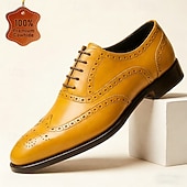 abordables Zapatos de Vestir Clásicos-Zapatos Oxford brogue de hombre color amarillo mostaza con puntera perforada, zapatos de vestir clásicos de estilo vintage para hombre, ideales para bodas, reuniones de negocios, fiestas y ocasiones formales.