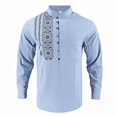 cheap Vacation-Men's Shirt Linen Shirt Popover Shirt Summer Shirt Beach Shirt Geometric Casual Vacation Black White Pink Navy Blue Long Sleeve Stand Collar Summer Spring Clothing Apparel Buttons