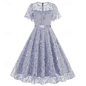 cheap Dresses-1950s Retro Vintage Midi Dress Swing Dress Flare Dress Short Sleeves Embroidered Leaf Fit &amp; Flare Swing Round Neck Fancy Dress Women's Casual Evening Party Tea Party Adults' Dress Spring &amp; Summer