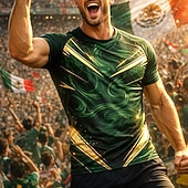 Maglia da calcio da uomo ispirata al Messico, verde scuro, oro, grafica astratta a V, traspirante, in mesh, performante, con protezione UPF50+, ideale per tornei e allenamenti.