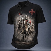 tanie Męska koszulka polo w stylu vintage-Męskie Templariusze Koszulki polo Krótki rękaw Koszulki polo Klapa Zabytkowe Codzienny Ulica Athleisure Dzienne zużycie Druk 3D Guziki Oddychająca siateczka Lato Wiosna Czarny Brązowy Zielony