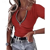 abordables Plain tee-Women's T Shirt Zipper Solid Color Graphic Plain Casual Short Sleeve V Neck Regular Tops Daily Going out Weekend Black Wine Red Gray Summer Spring