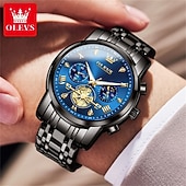 abordables Relojes de Cuarzo-Reloj automático de lujo para hombre Olevs, reloj mecánico esqueletizado con fase lunar, resistente al agua, luminoso, de acero inoxidable bicolor, relojes de vestir elegantes para negocios.