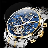 economico Orologi meccanici-Orologio automatico da uomo Olevs Skeleton, lussuoso orologio da polso da lavoro bicolore in acciaio inossidabile con calendario multifunzione, orologio meccanico analogico luminescente impermeabile,