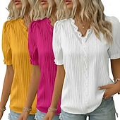 ieftine tricou simplu-pachete multiple 3 buc bluză texturată pentru femei tricou top dantelă patchwork simplu modă elegant clasic mânecă scurtă decolteu în V topuri obișnuite casual zilnic plajă alb+fucsia+galben