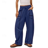 abordables Fondos-Mujer Pantalones de lino y algodón Pantalones Pantalones casuales Pantalones de verano Vacaciones Moda Ropa de calle Longitud total Alta cintura Retazos Bolsillo Cintura elástica Comodidad Cómodo
