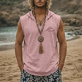 preiswerte Camisetas tropicales de vacaciones-Herren-Weste mit Kapuze, ärmellos, mit Meereswellen-Print, Boho-Stil, lockerer Passform, V-Ausschnitt, ausgefranstem Saum, aus Baumwoll-Leinen-Mischgewebe, ideal für Strandurlaub und Surfen. Größen: