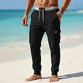 ieftine Vacanţă-Bărbați Pantaloni de in Pantaloni de vară Pantaloni largi Cordon Talie elastică Picior drept Simplu Confort Respirabil Lungime totală Casual Zilnic În aer liber Vacanță Modă Albastru piscină Negru