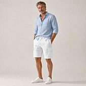 abordables Classique-Short cargo en lin pour homme – longueur genou, taille élastique avec cordon de serrage, multipoches, confortable &amp;respirant, décontracté, extérieur &amp;vacances à la plage, noir &amp; blanc