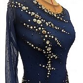 cheap Figure Skating Dresses-Figure Skating Dress Women's Girls' Ice Skating Dress Dark Blue Thumbhole Halo Dyeing High Elasticity Professional Competition Skating Wear Thermal Warm Crystal / Rhinestone Long Sleeve Ice Skating