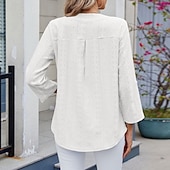 cheap Plain tee-Women's Texture Blouse Eyelet Top Pointelle Tee T Shirt Eyelet Striped Fashion Classic Casual Long Sleeve V Neck Regular Tops Casual Daily Beach Black White Navy Blue Sky Blue Orange Summer Spring