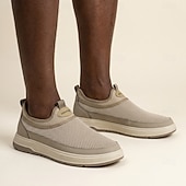 Χαμηλού Κόστους Slip-On Καθημερινά Παπούτσια-Ανδρικά μπεζ, αναπνεύσιμα, mesh slip-on casual sneakers, ελαφριά και άνετα παπούτσια για περπάτημα, για καθημερινή χρήση, ταξίδια, μετακινήσεις, καλοκαιρινή αναψυχή και smart casual στυλ.