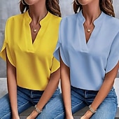 cheap Plain Blouses-Multi Packs 2pcs Women's V Neck Short Sleeves Yellow+Blue Blouse Jeans Sexy Plain Solid / Plain Color Casual Daily Spandex Summer