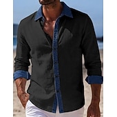 billiga Semester-Men's Shirt Linen Shirt Summer Shirt Beach Wear Beach Shirt Button Up Shirt Color Block Vacation Holiday Blue Black White Pink Long Sleeve Turndown Summer Spring Clothing Apparel Patchwork